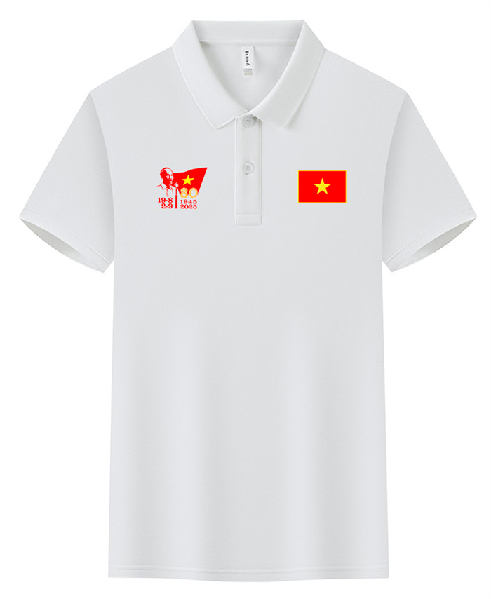 May áo phông màu trắng in lá cờ đỏ kỉ niệm 19-8-1945 - 2-9-2025 | May ao phong dong phuc