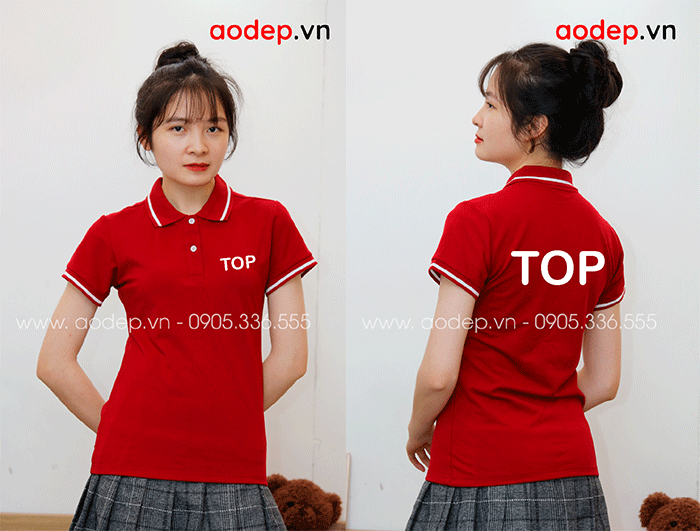 May áo polo màu đỏ chữ TOP | May ao phong dong phuc