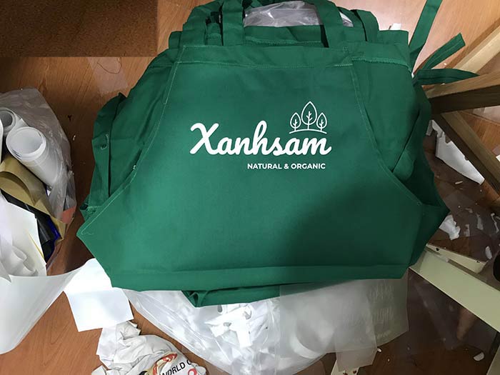 May tạp dề đồng phục Quán Xanh Sam | May tap de dong phuc
