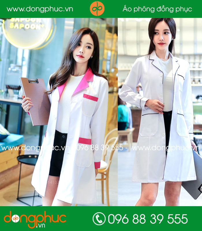 Áo blouse đồng phục y tá - Bác sĩ màu trắng cổ hồng