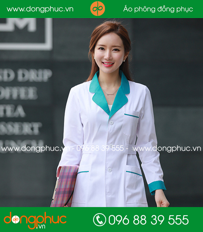 Váy đồng phục y tá - Bác sĩ màu trắng cổ xanh