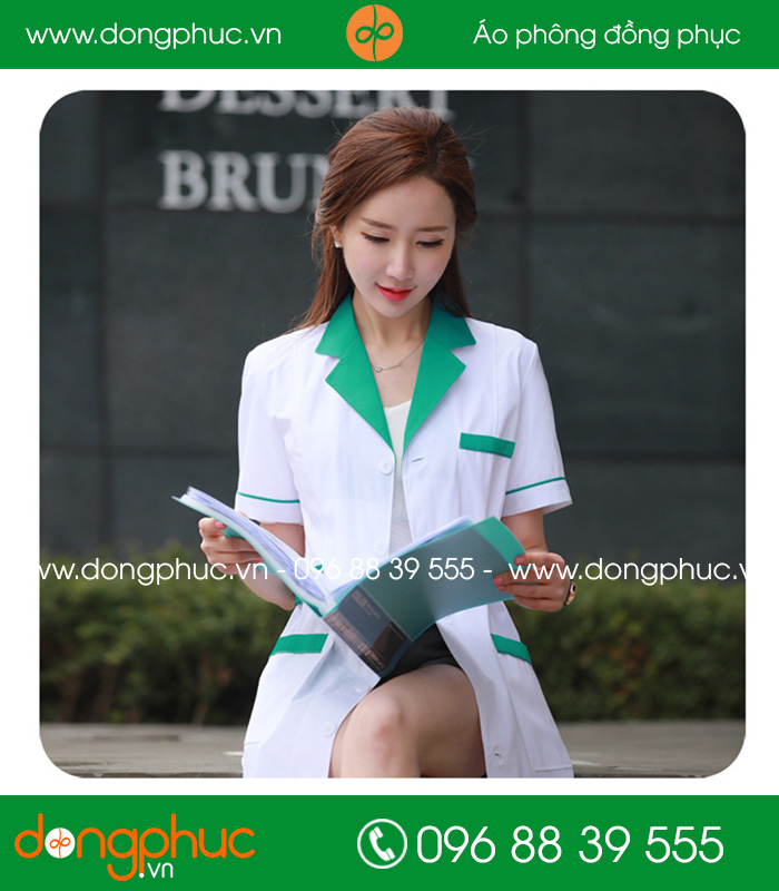 Váy đồng phục y tá - Bác sĩ màu trắng cổ xanh