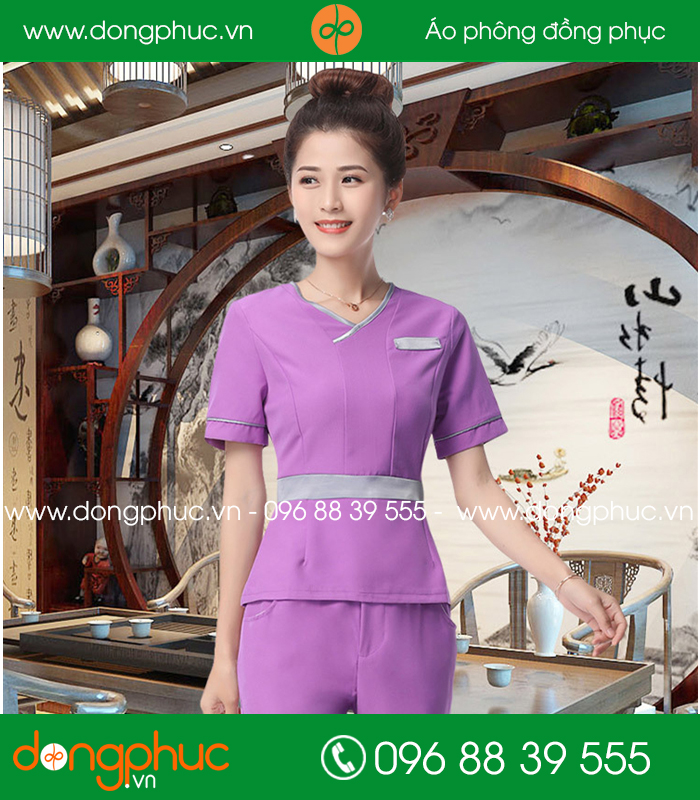 Đồng phục spa màu tím phối ghi