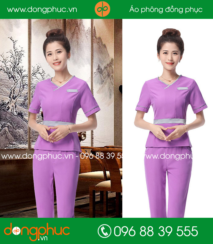 Đồng phục spa màu tím phối ghi
