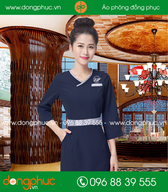 Đồng phục spa màu tím than đai ghi