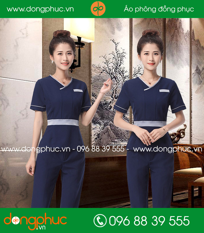 Đồng phục spa màu tím than đai ghi