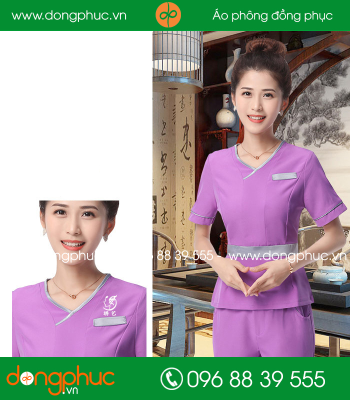 Đồng phục spa màu tím phối ghi